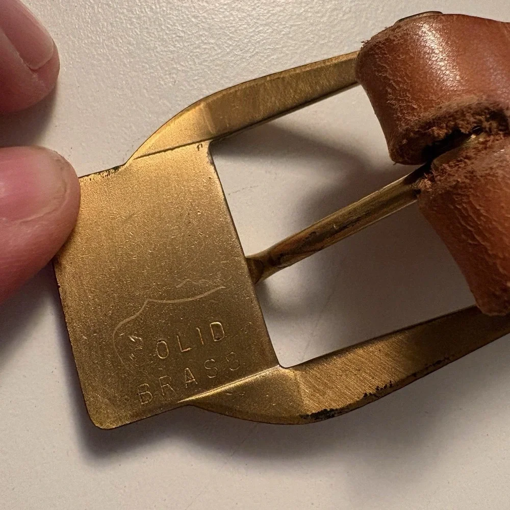 Vintage Justin Western Leather Belt Brass Buckle Sz 38 